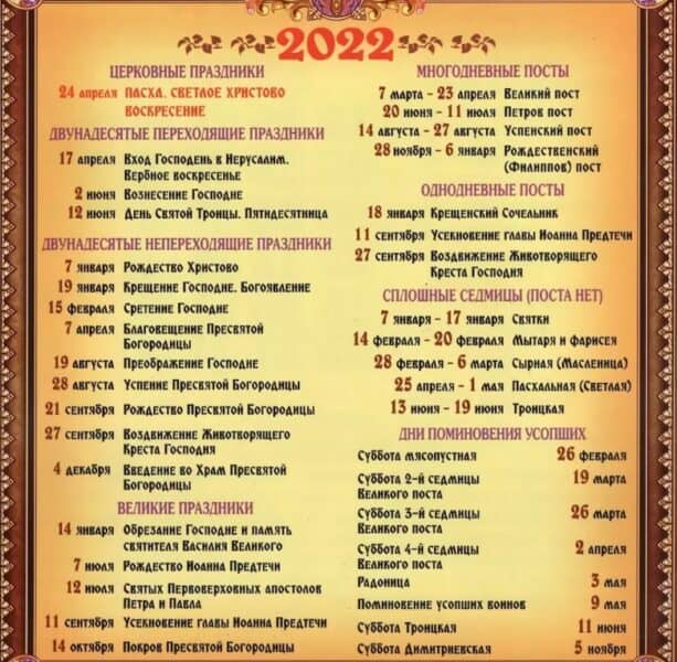календарь православных праздников 2022
